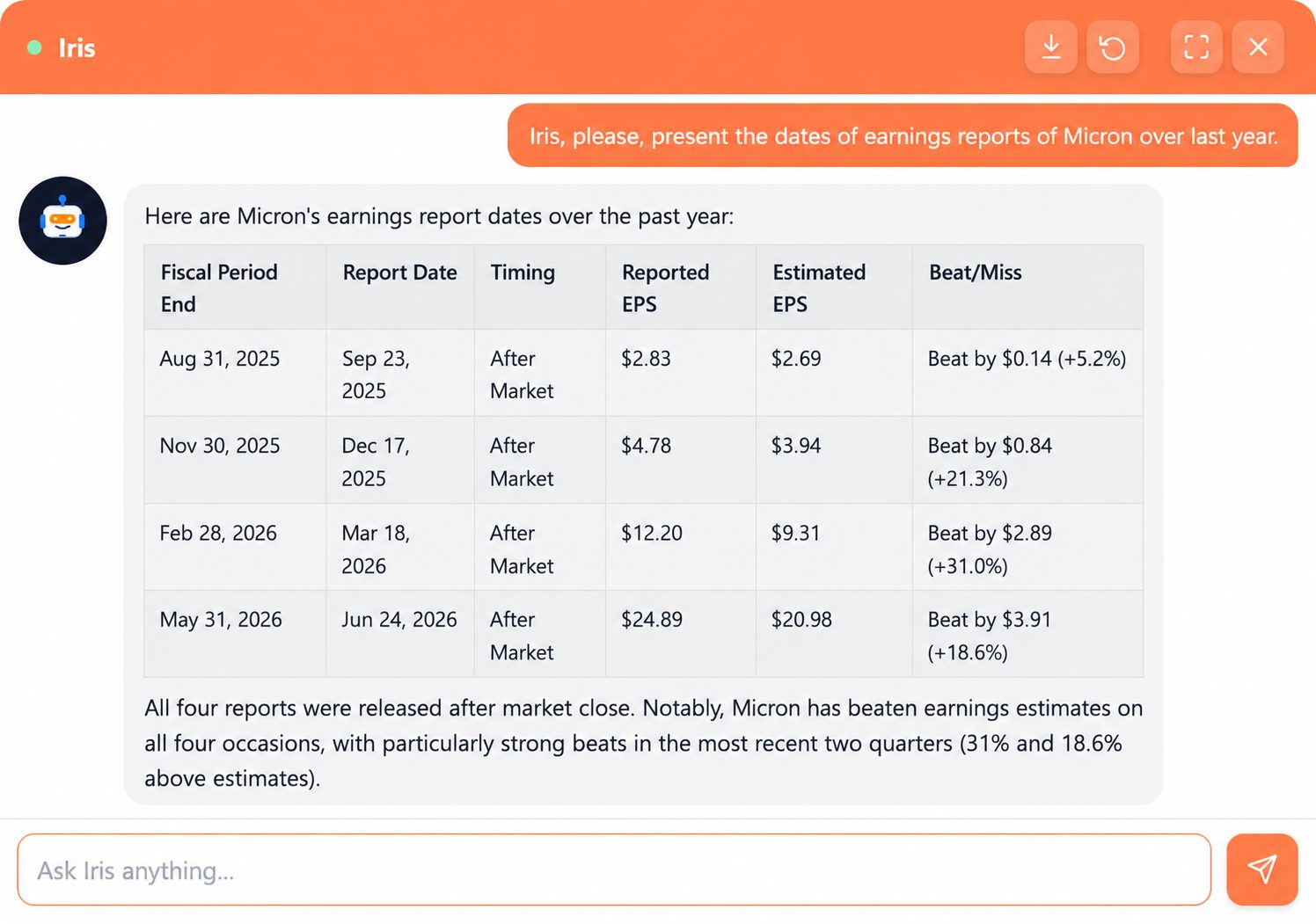 Iris presenting Micron earnings report dates and Chip portfolio growth versus SMH benchmark