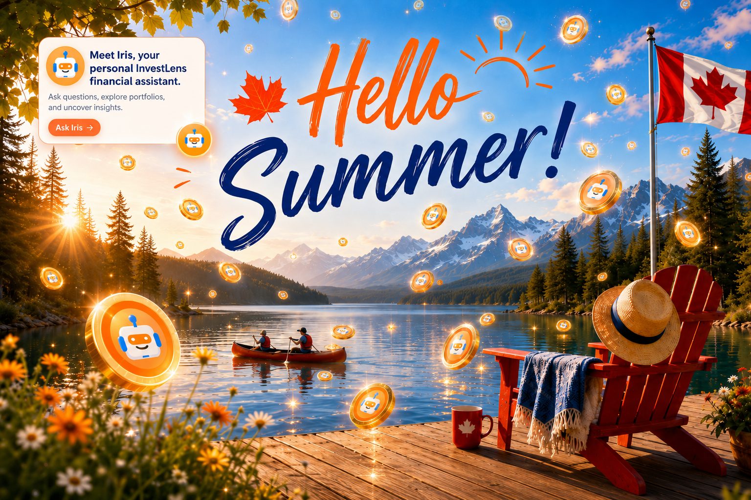 Hello Summer illustration featuring Iris, your personal InvestLens financial assistant
